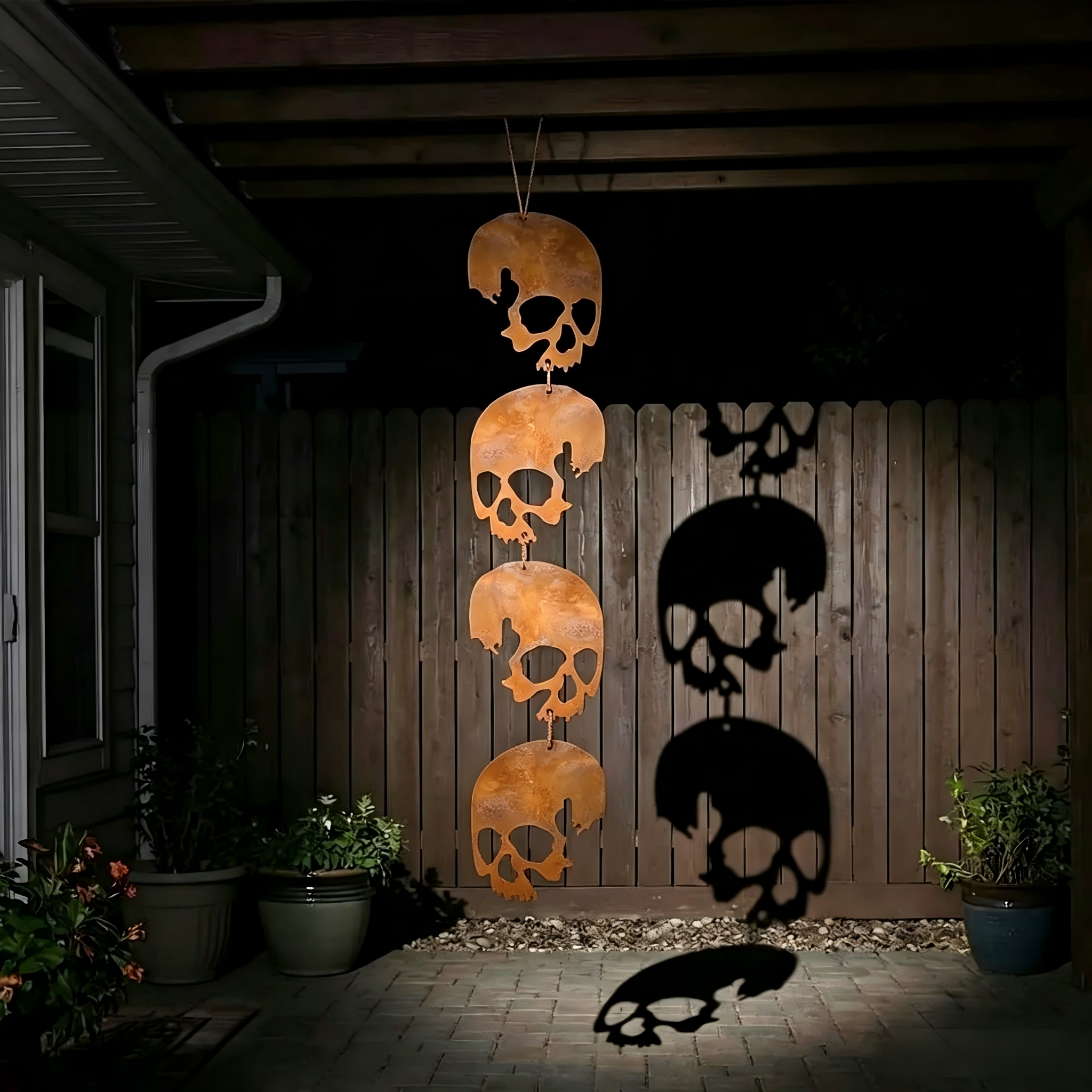 💀 24in Bronze Rusty Metal Skull Wind Chime 4 Skulls Halloween Garden Decor🎃