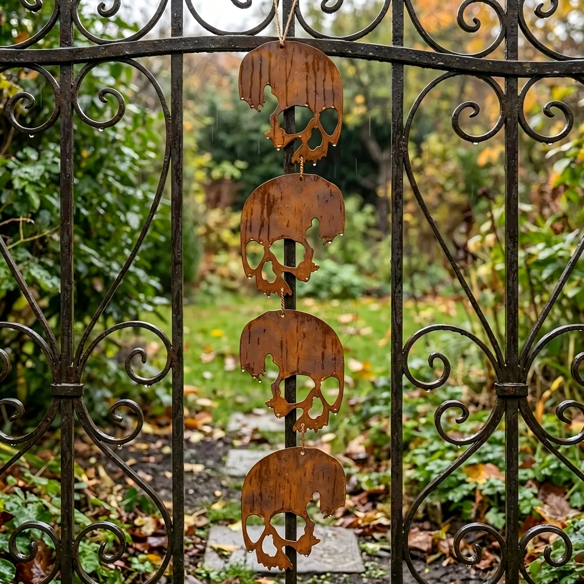 💀 24in Bronze Rusty Metal Skull Wind Chime 4 Skulls Halloween Garden Decor🎃