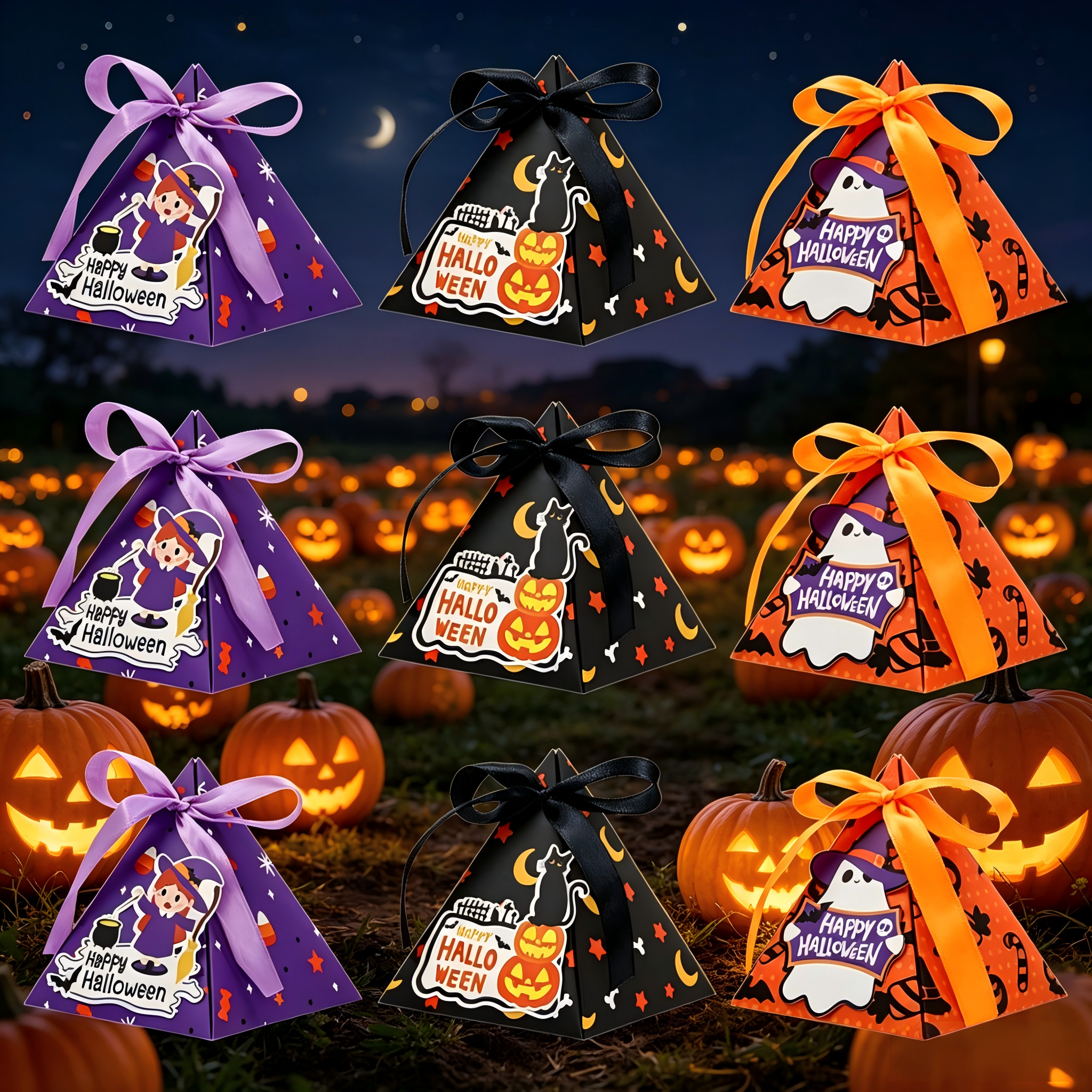 🎃 Halloween Triangle Candy Treat Boxes Cute Witch Ghost Pumpkin Party Favor Holders