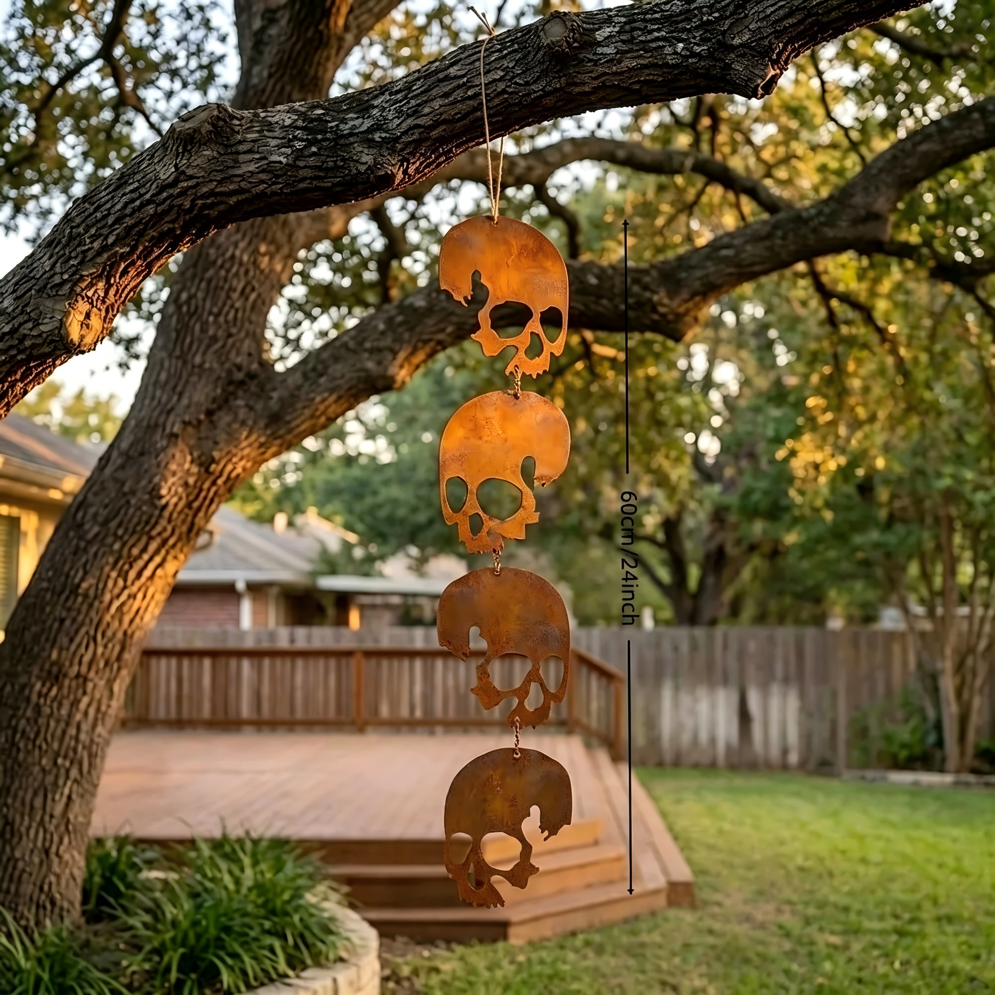 💀 24in Bronze Rusty Metal Skull Wind Chime 4 Skulls Halloween Garden Decor🎃