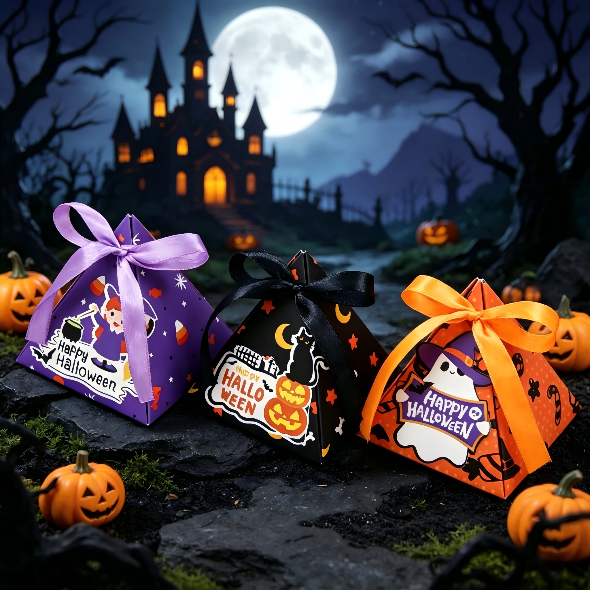 🎃 Halloween Triangle Candy Treat Boxes Cute Witch Ghost Pumpkin Party Favor Holders