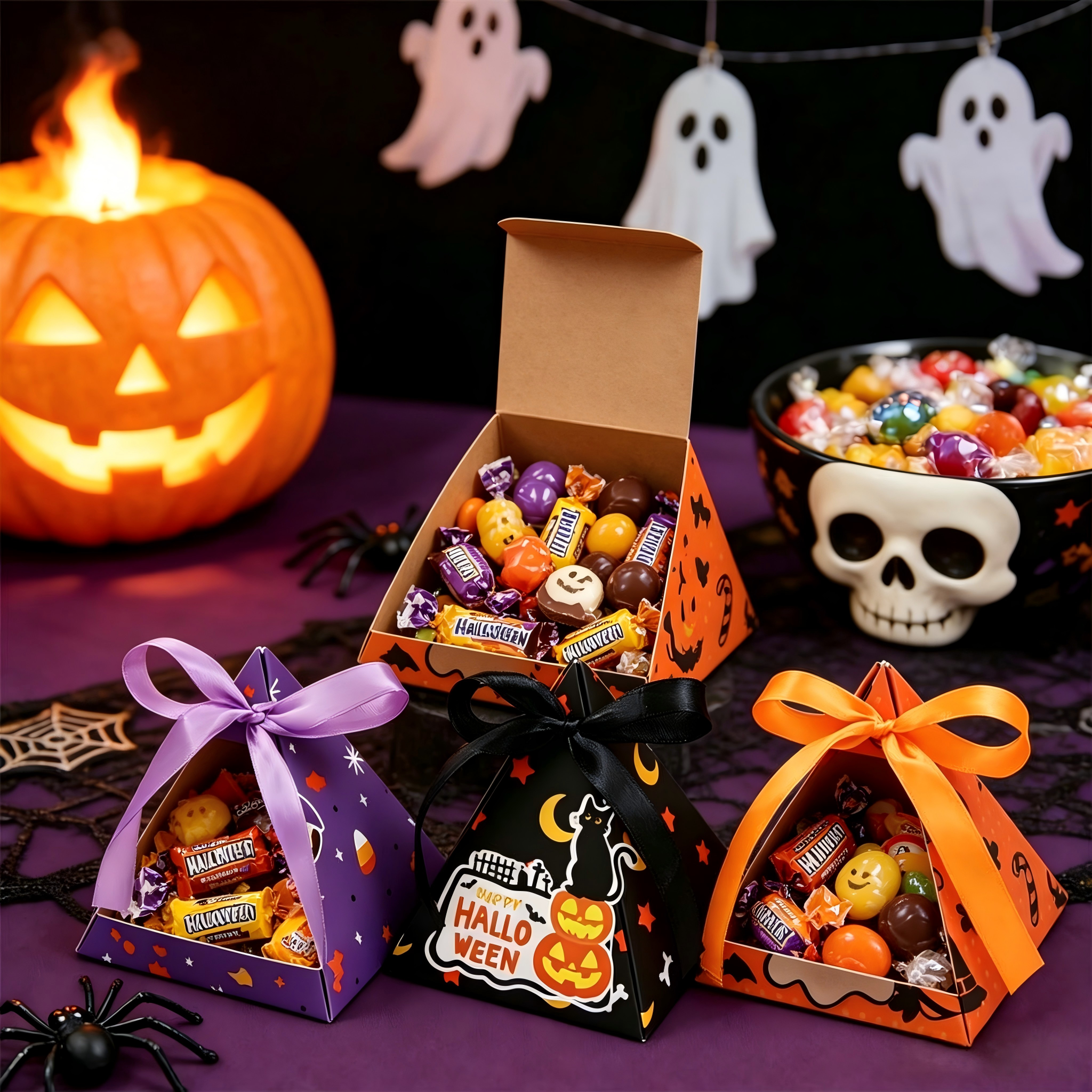 🎃 Halloween Triangle Candy Treat Boxes Cute Witch Ghost Pumpkin Party Favor Holders