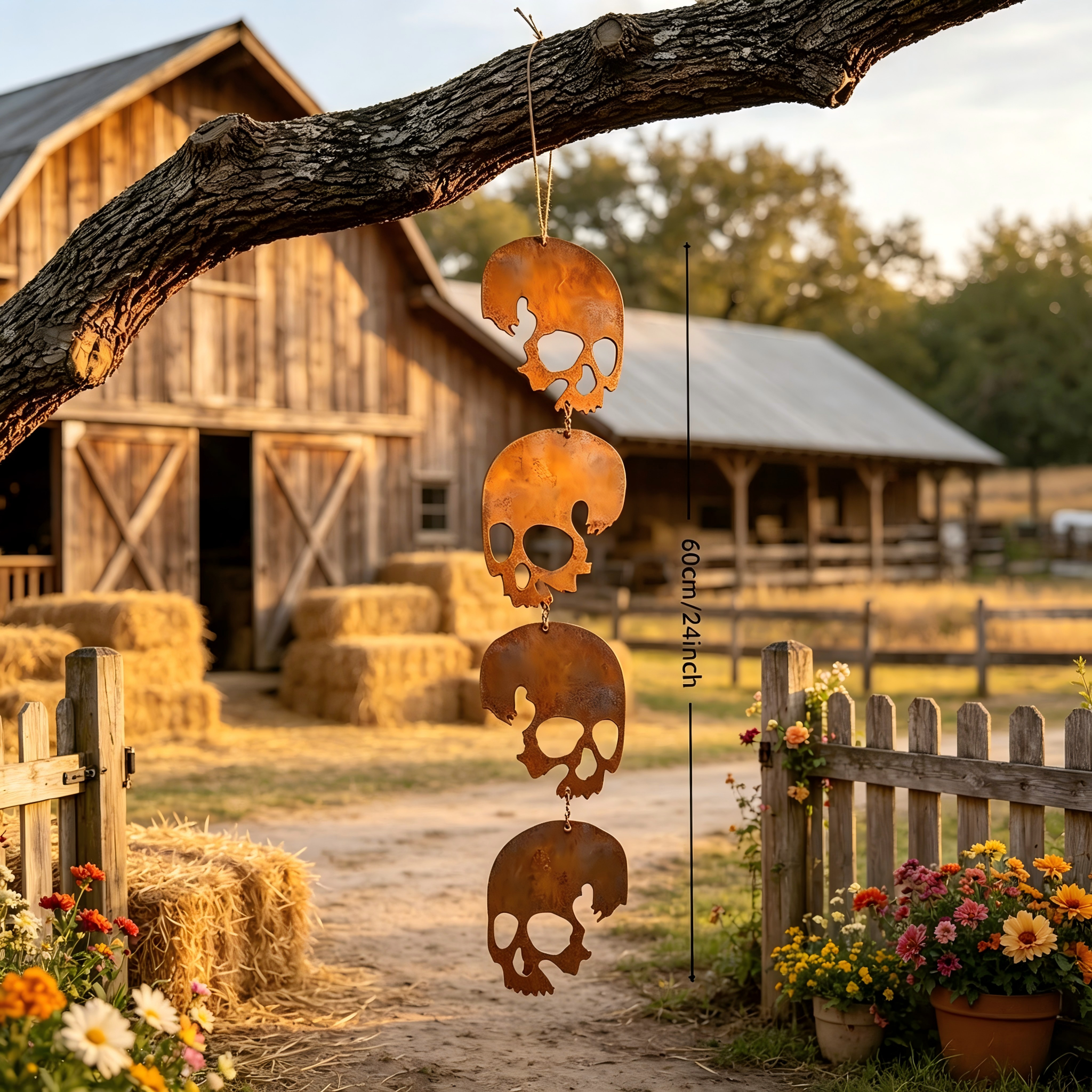 💀 24in Bronze Rusty Metal Skull Wind Chime 4 Skulls Halloween Garden Decor🎃