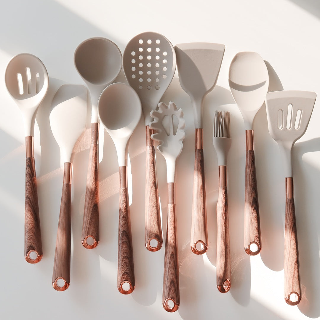 Modern woodgrain silicone kitchen utensil set with copper detail