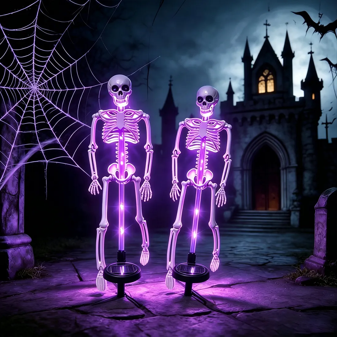 ⚡ Auto-Glow Purple Solar Skull Stake With Black Veil 💀 Creepy Halloween Garden Path Decor