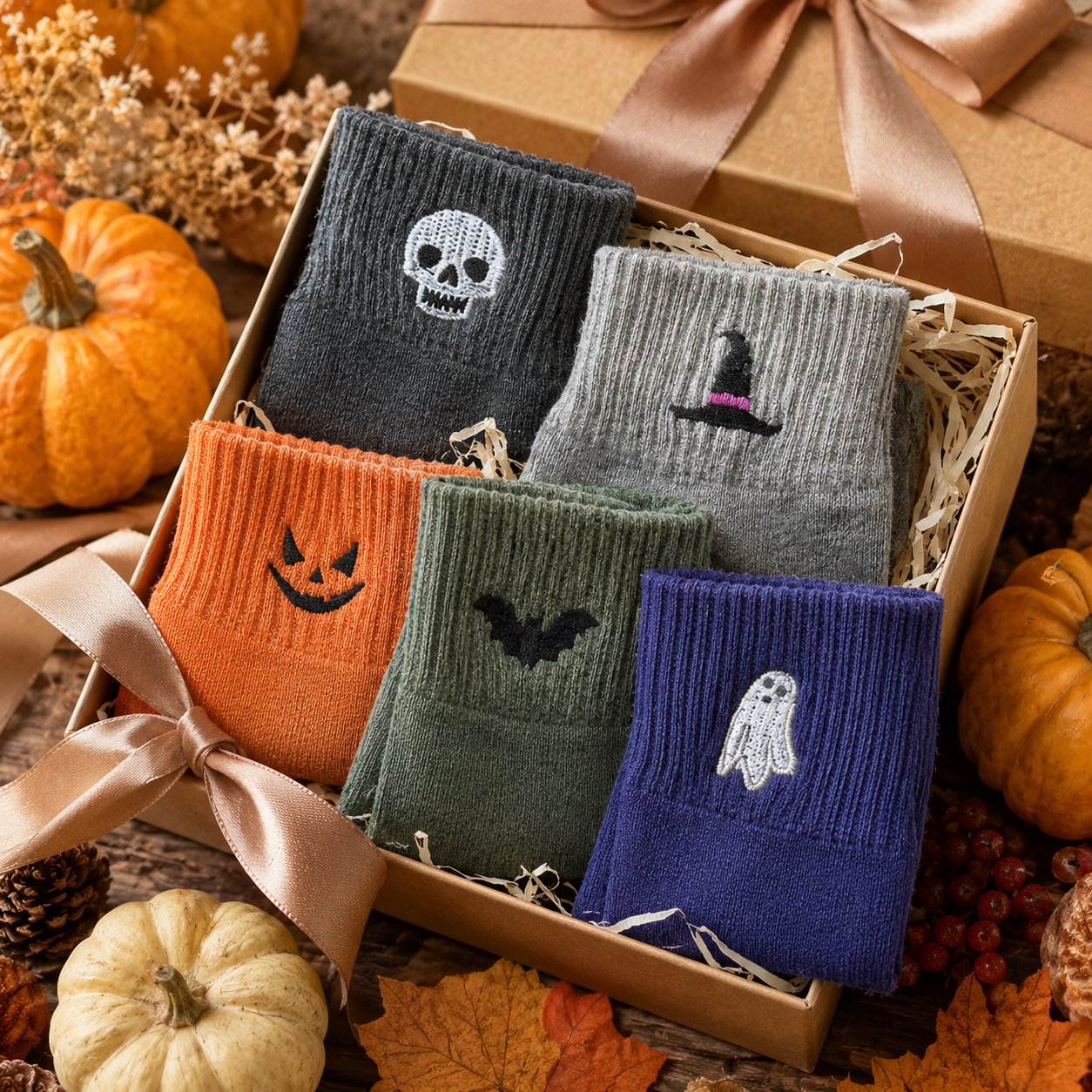 Halloween socks styled with loafers, sneakers, moccasins, and slippers