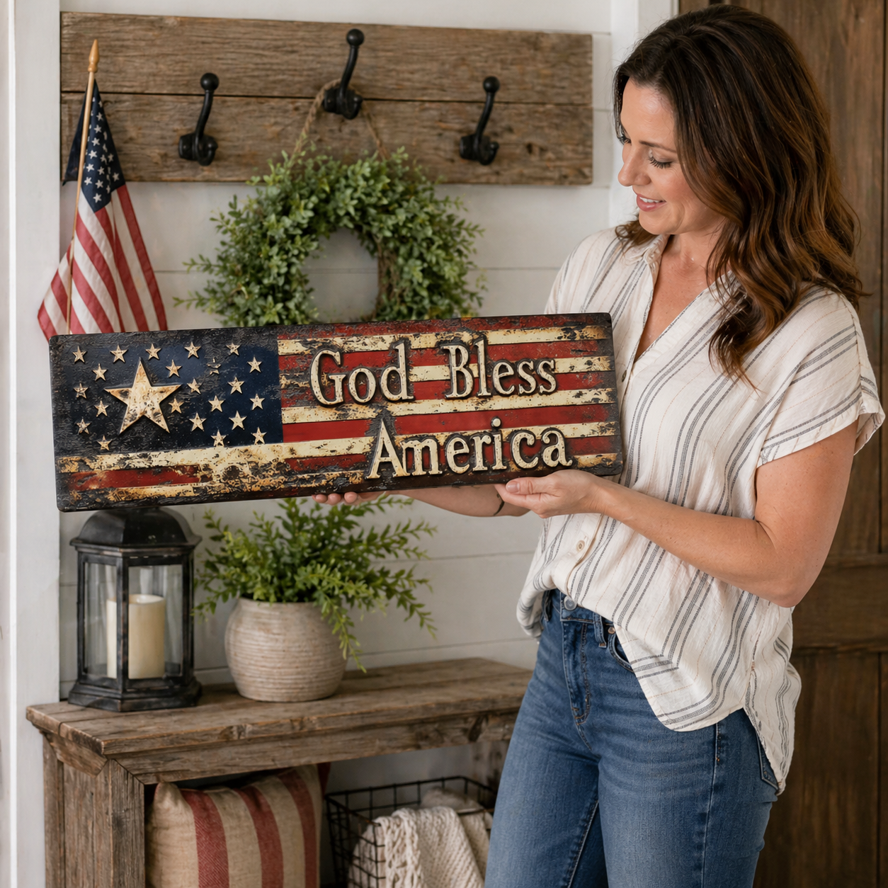 ⭐ Vintage Americana Flag Wall Plaque 🔥 Best Seller- “God Bless America” Patriotic Wall Sign
