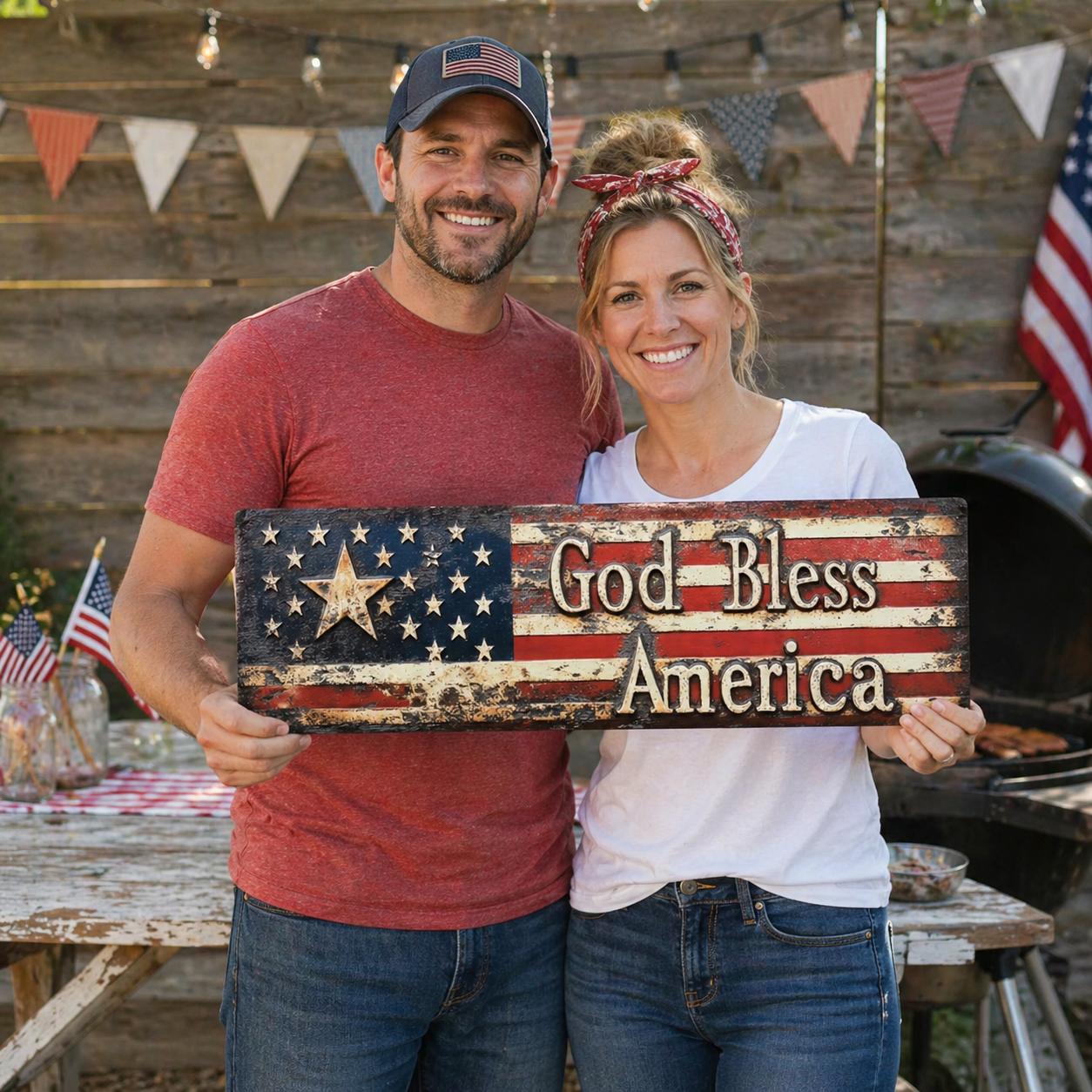 ⭐ Vintage Americana Flag Wall Plaque 🔥 Best Seller- “God Bless America” Patriotic Wall Sign