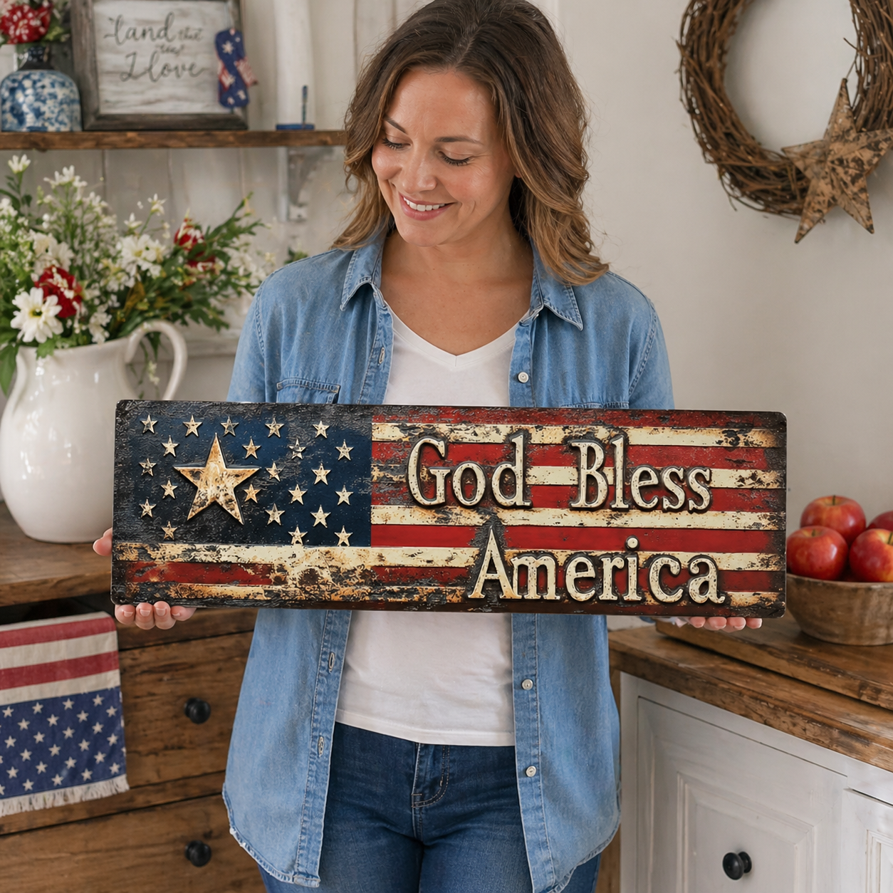 ⭐ Vintage Americana Flag Wall Plaque 🔥 Best Seller- “God Bless America” Patriotic Wall Sign