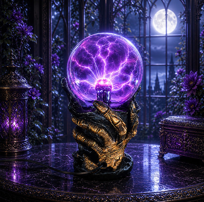 🧟 Your Touch Summons Purple Magic Lightning – Skull Witch Hand Plasma Globe Lamp