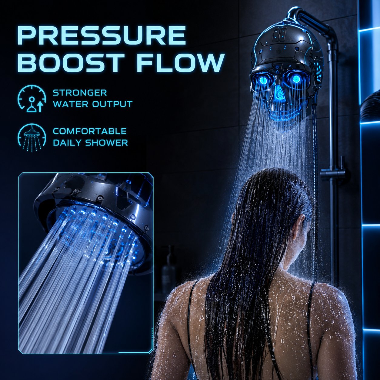 🔥Cyber Mecha Skull Color Changing LED Pressure Boost Shower Head