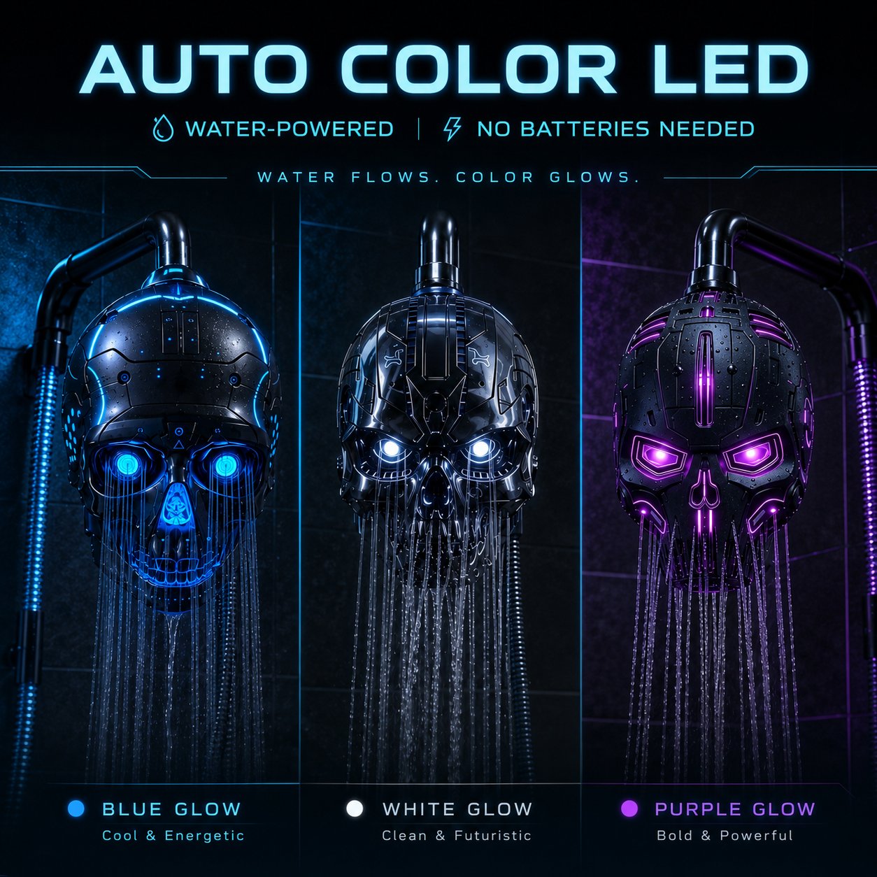 🔥Cyber Mecha Skull Color Changing LED Pressure Boost Shower Head