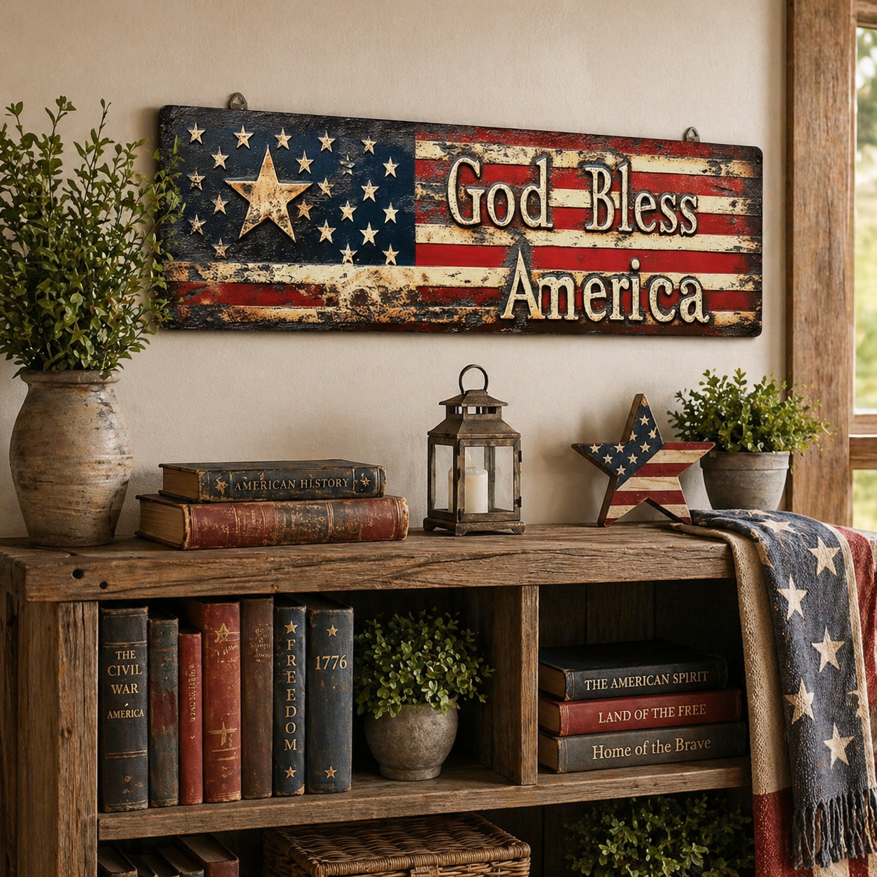 ⭐ Vintage Americana Flag Wall Plaque 🔥 Best Seller- “God Bless America” Patriotic Wall Sign