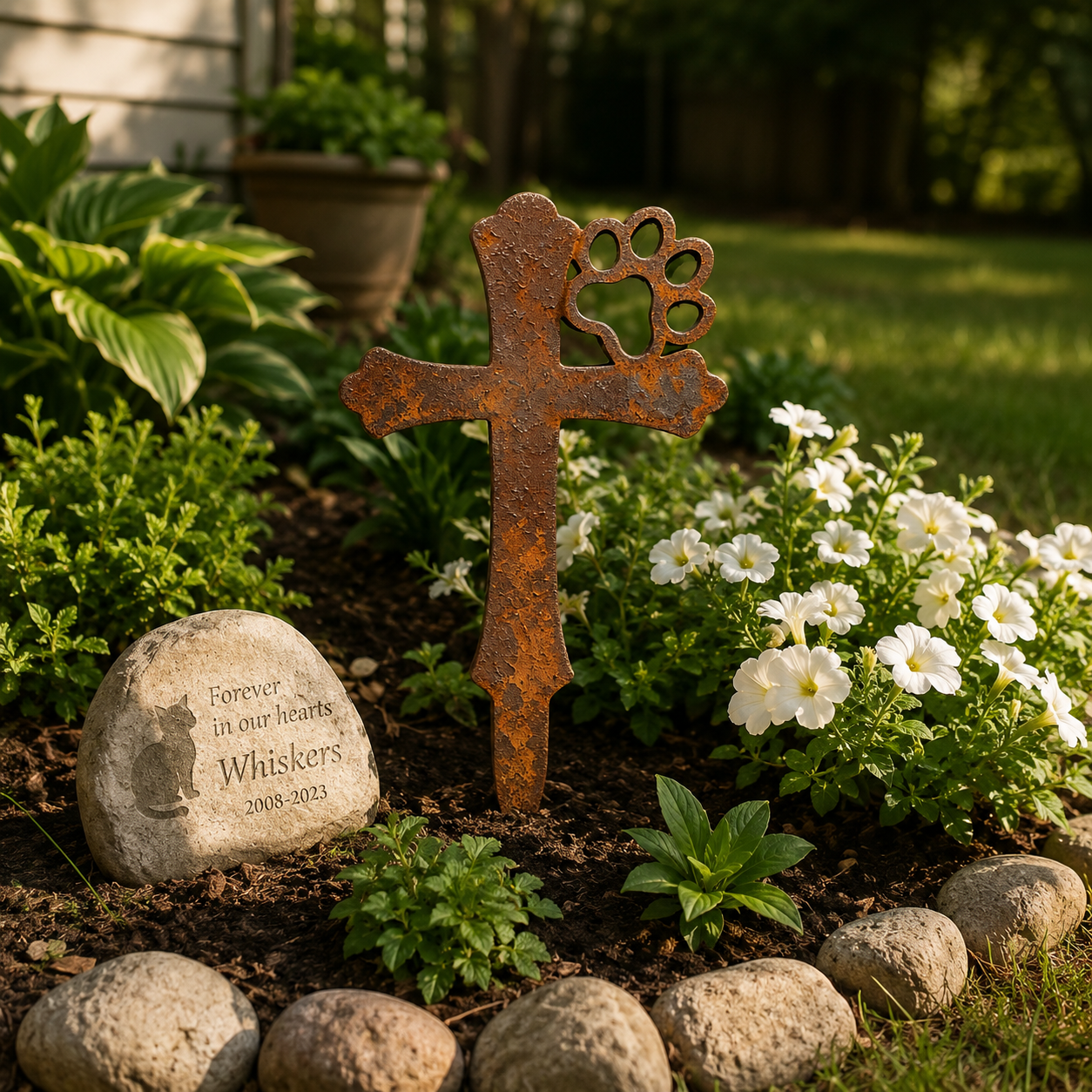 🐾Rustic Metal Pet Memorial Garden Stake with Paw Print Cross