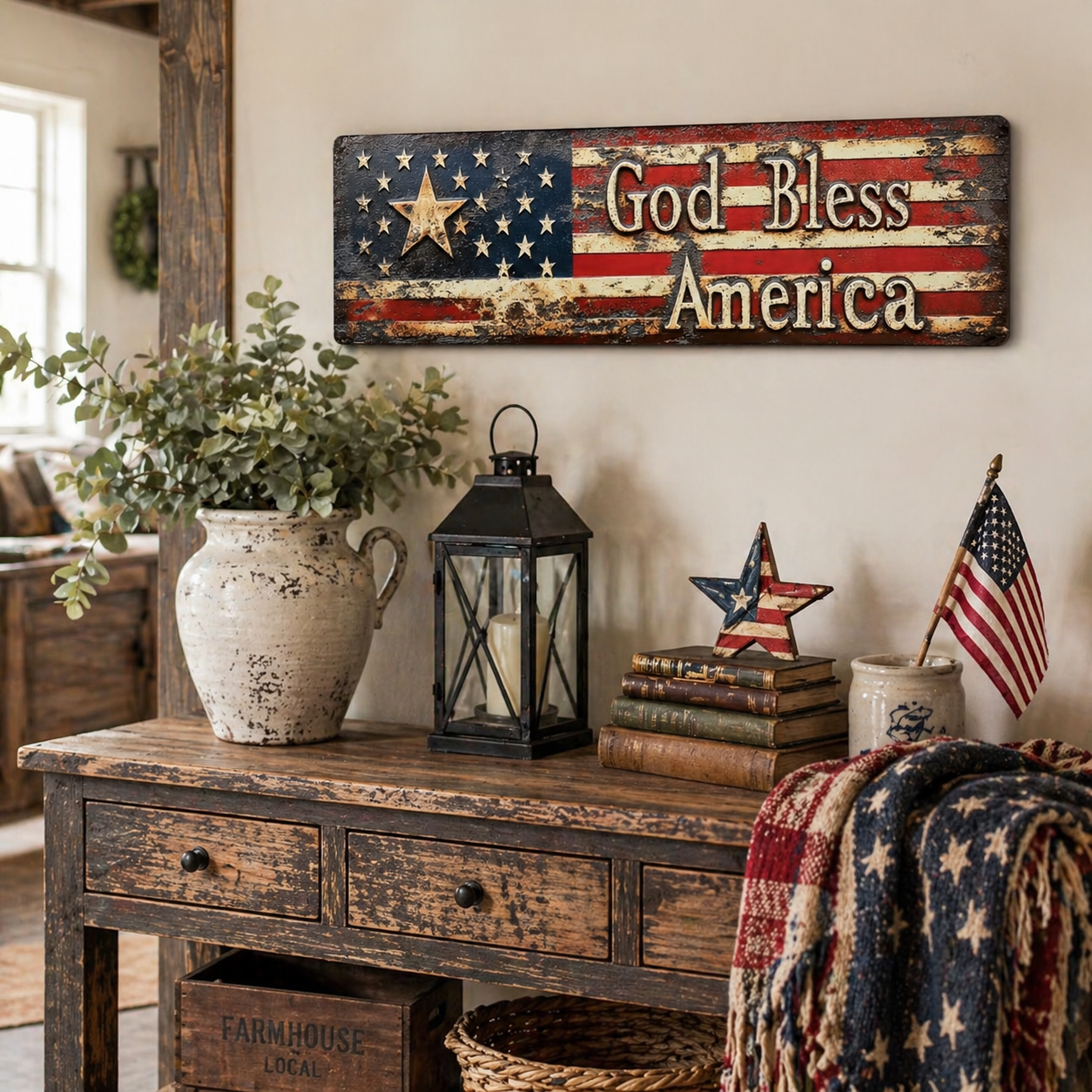 ⭐ Vintage Americana Flag Wall Plaque 🔥 Best Seller- “God Bless America” Patriotic Wall Sign