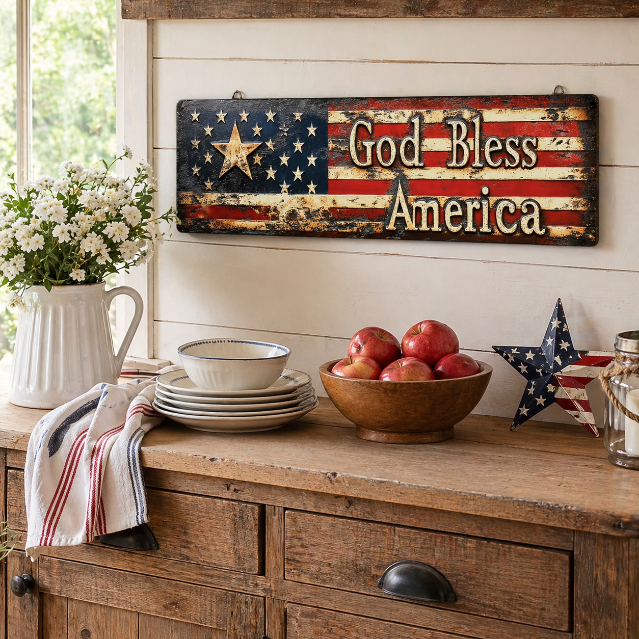 ⭐ Vintage Americana Flag Wall Plaque 🔥 Best Seller- “God Bless America” Patriotic Wall Sign