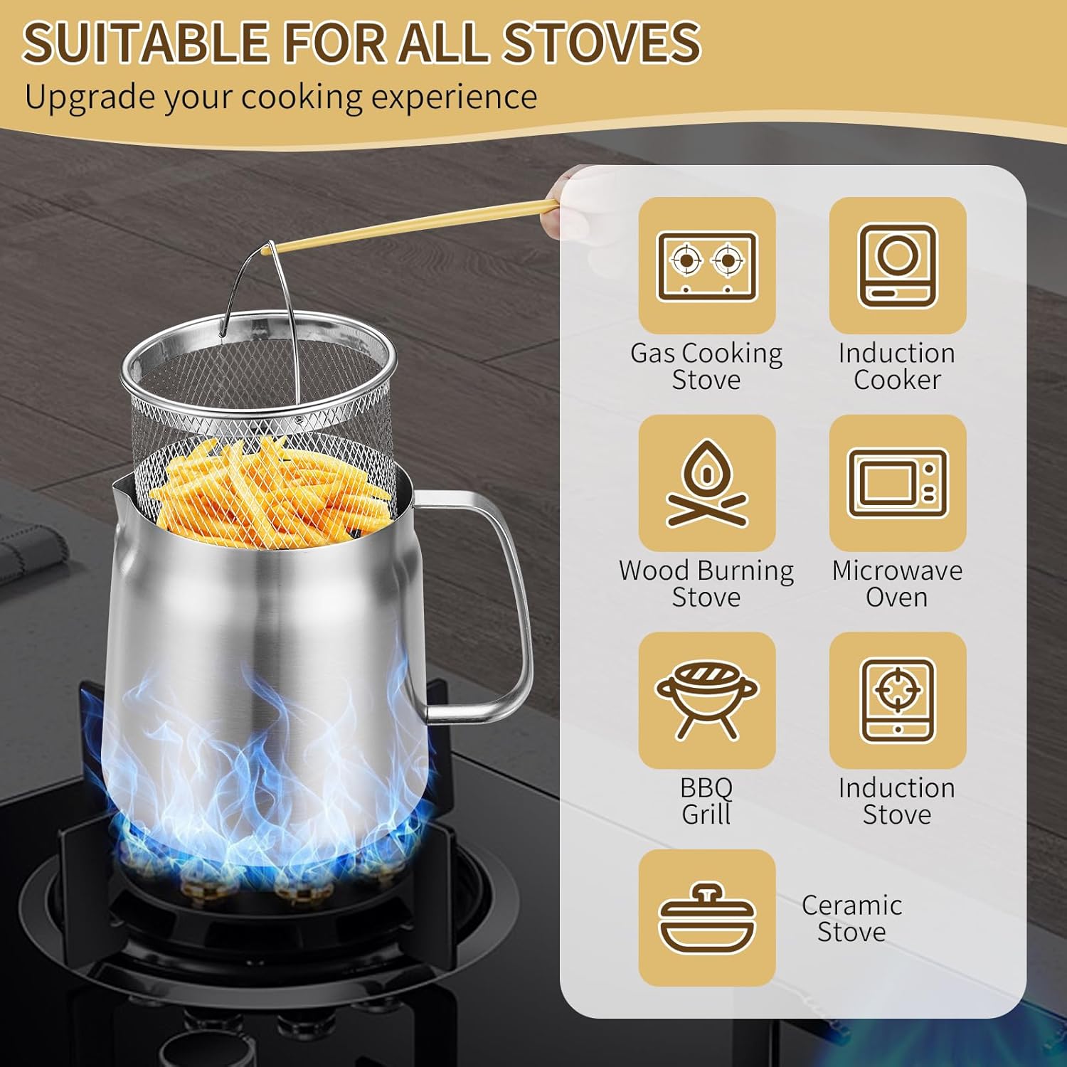 🍳 4-in-1 Stainless Steel Deep Fryer Pot 🛢️ Oil Filter Pot with Removable Strainer, Multi-Function Cookware for All Stoves