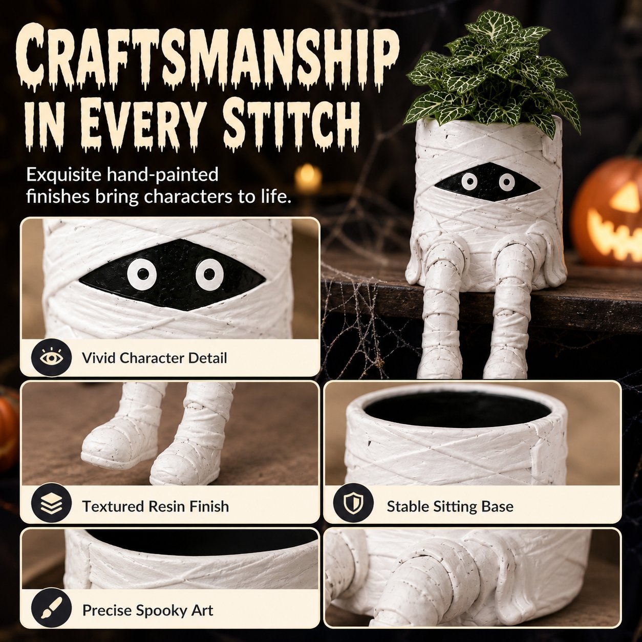 Hand-painted Halloween resin planter detail