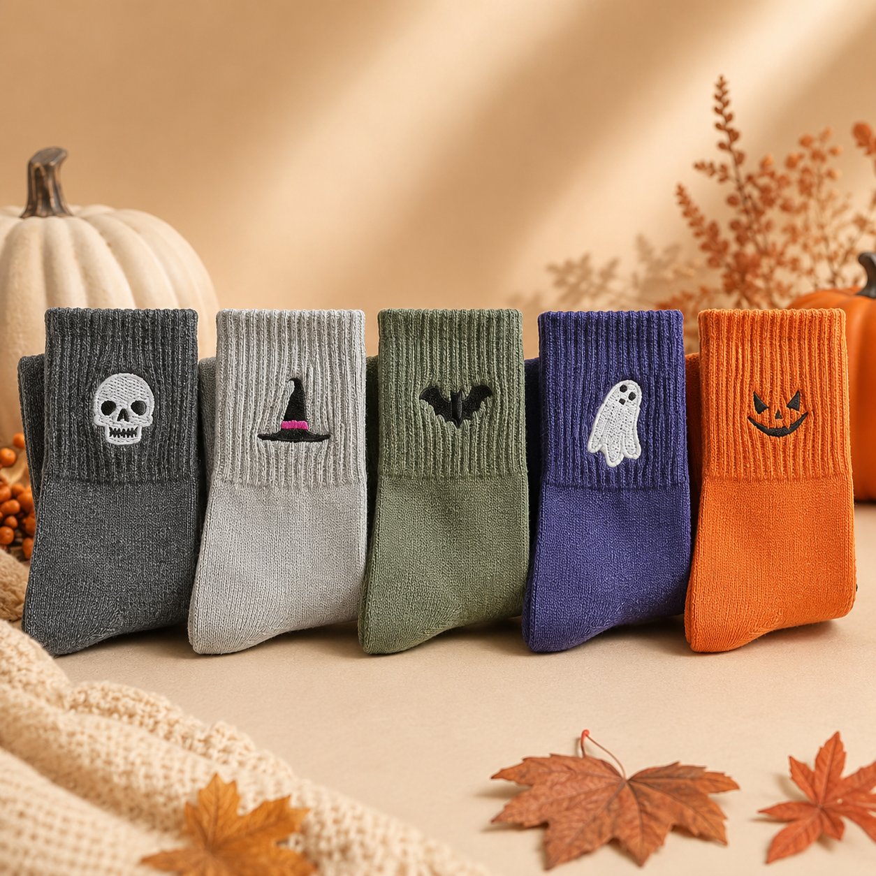 Five Halloween socks arranged with pumpkins and autumn leaves