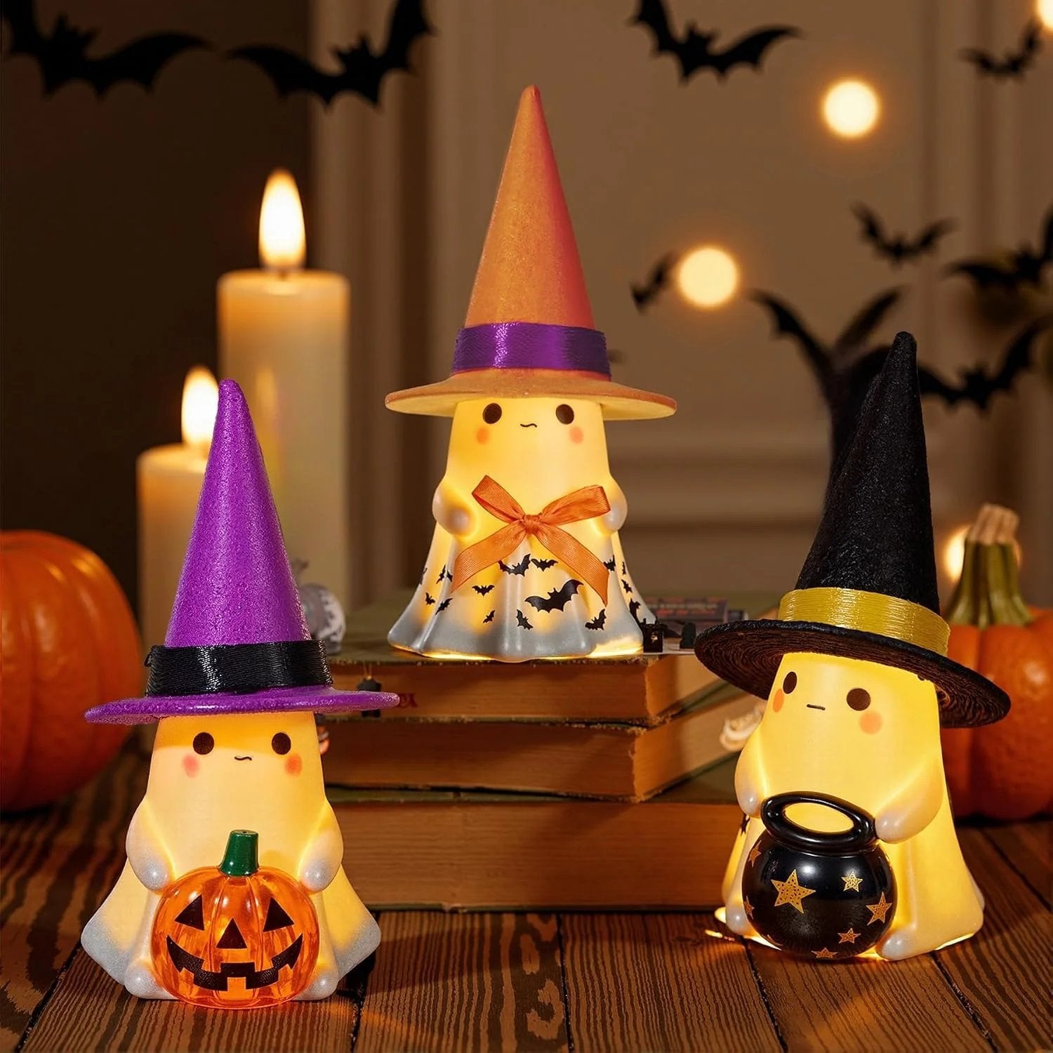 👻3Pcs Light-up Ceramic Ghost Halloween Decor🌟 Cute Ghost Figurines with Colorful Witch Hats