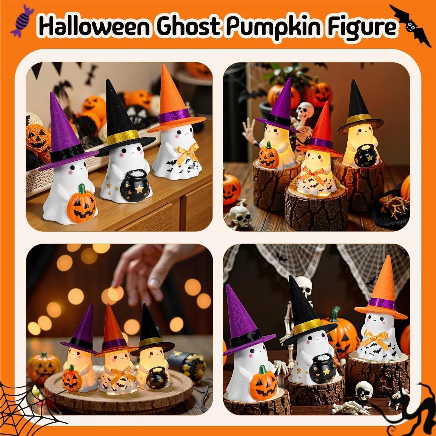 👻3Pcs Light-up Ceramic Ghost Halloween Decor🌟 Cute Ghost Figurines with Colorful Witch Hats