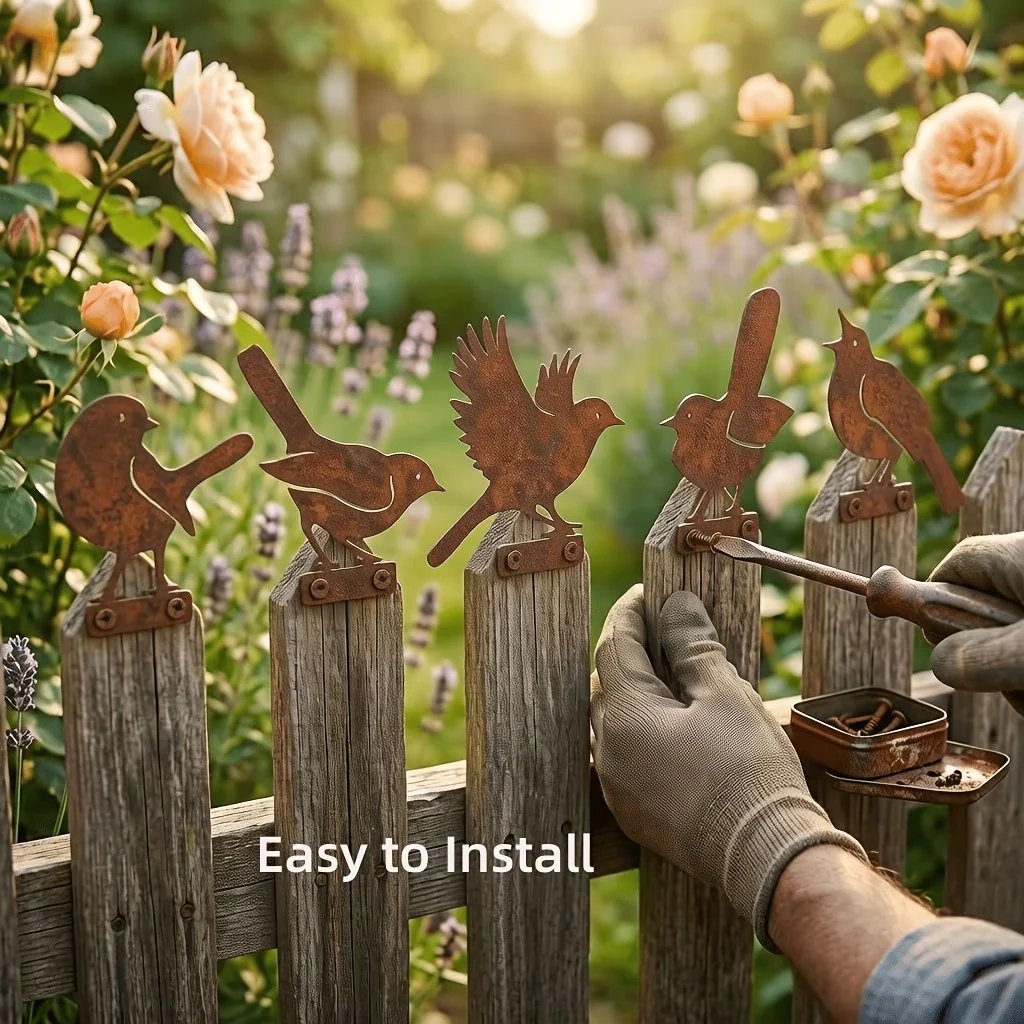 5-Piece Lifelike Rusty Metal Bird Silhouettes Garden Art
