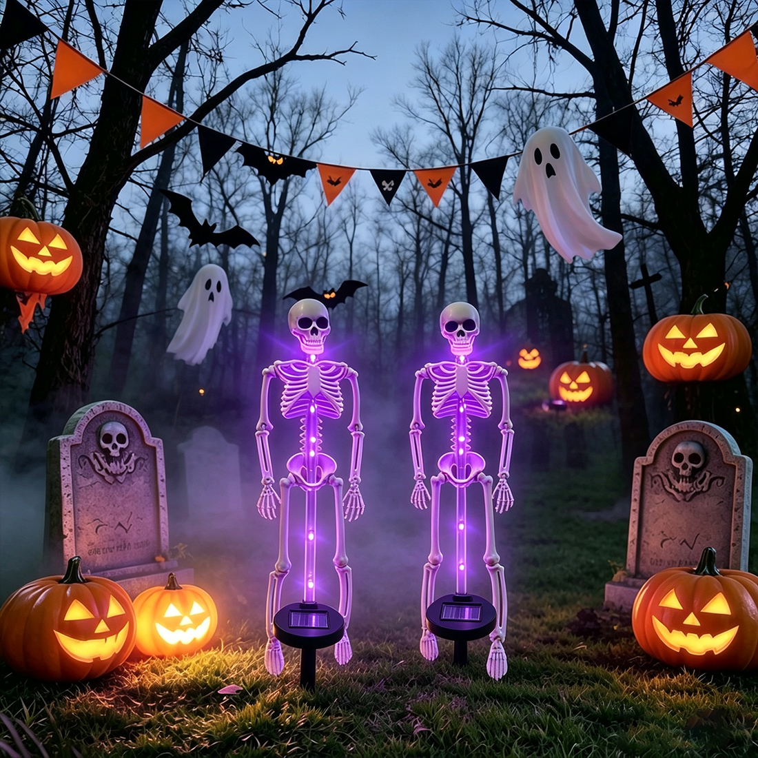 ⚡ Auto-Glow Purple Solar Skull Stake With Black Veil 💀 Creepy Halloween Garden Path Decor