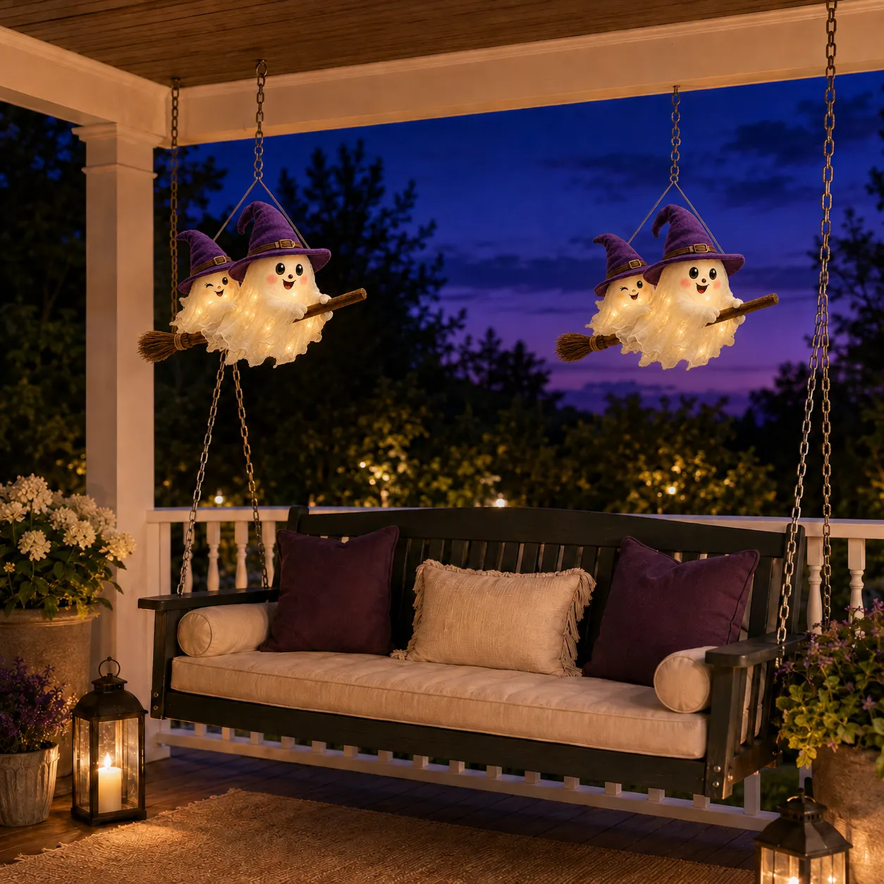 👻Flying Ghost Duo On Witch Broom Lighted Halloween Hanging Decor