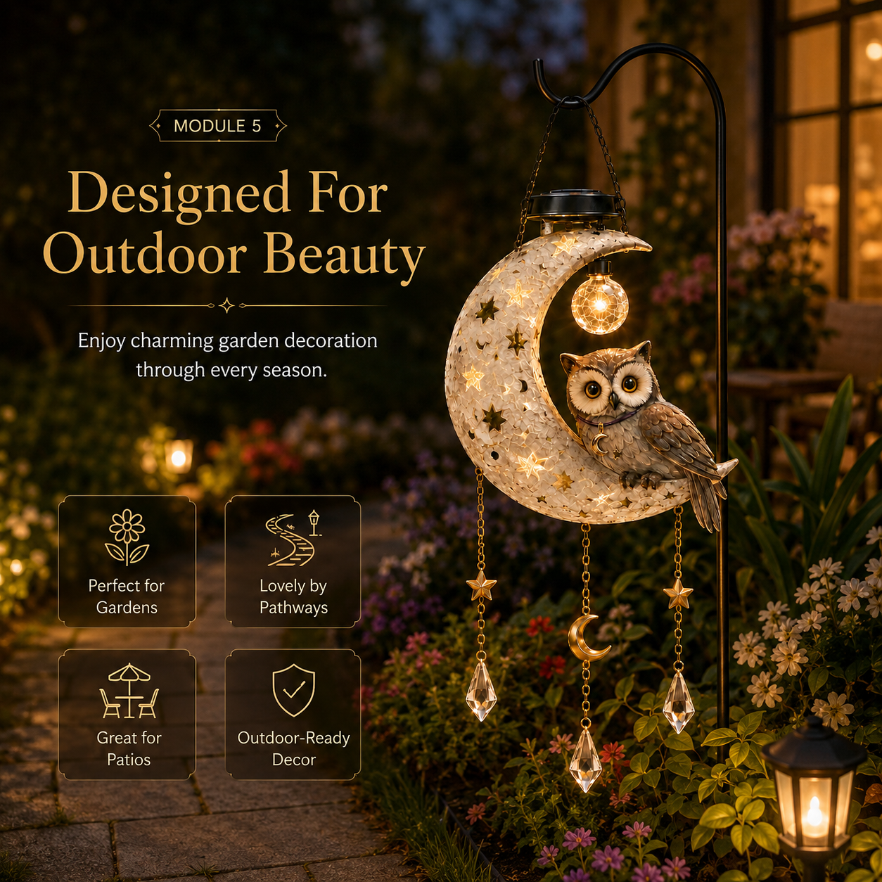 🌙 Limited-Time Sale 🔥 Solar Owl Moon Garden Light – Auto-Glowing Hanging Décor for Patio & Garden