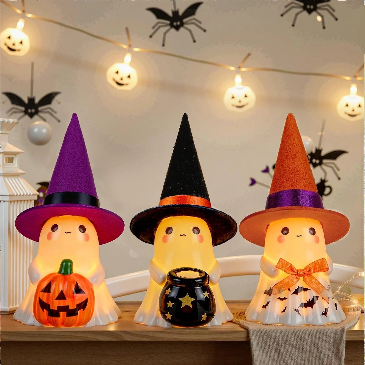 👻3Pcs Light-up Ceramic Ghost Halloween Decor🌟 Cute Ghost Figurines with Colorful Witch Hats