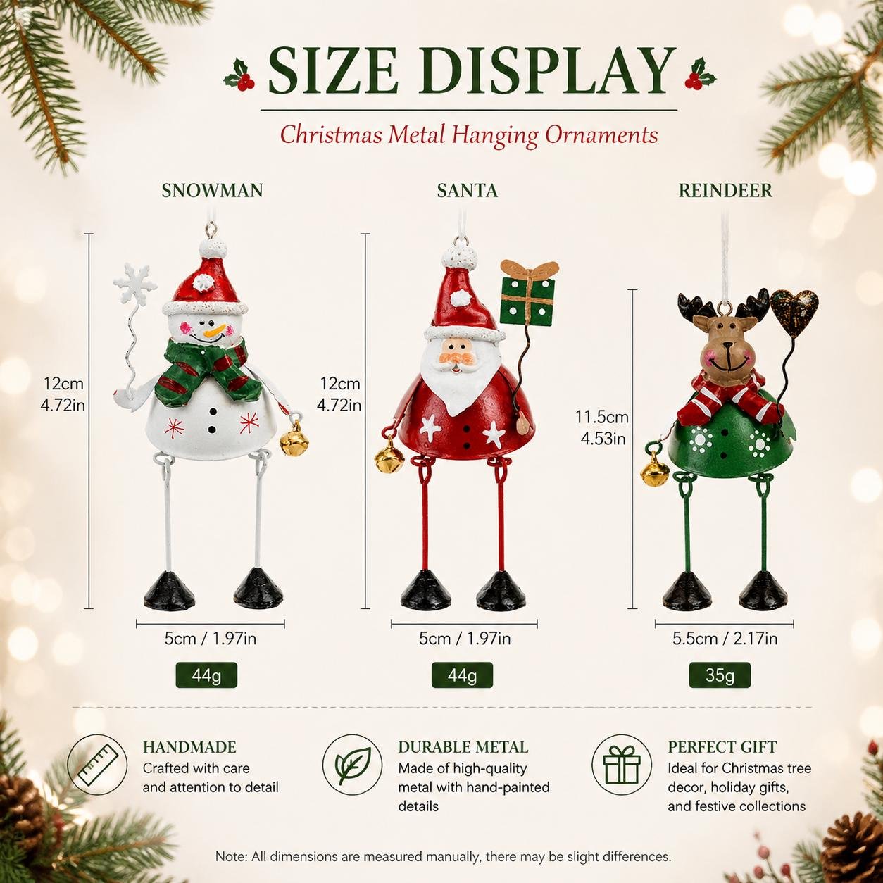Size chart for Santa snowman and reindeer metal Christmas ornaments