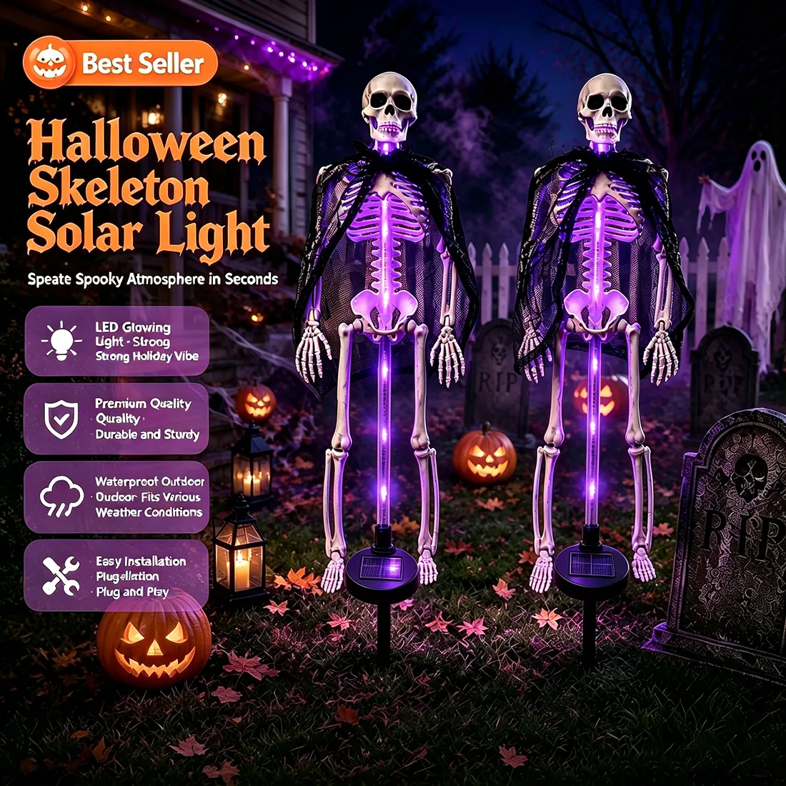 ⚡ Auto-Glow Purple Solar Skull Stake With Black Veil 💀 Creepy Halloween Garden Path Decor