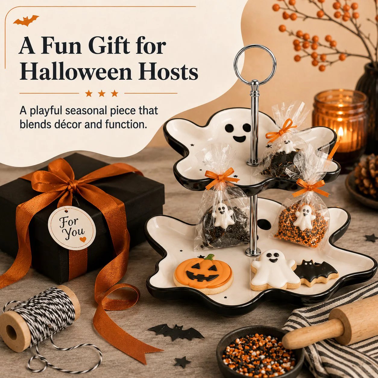 👻 Two-Tier Friendly Ghost Halloween Serving Stand Spooky Candy Cupcake Dessert Tray Table Centerpiece