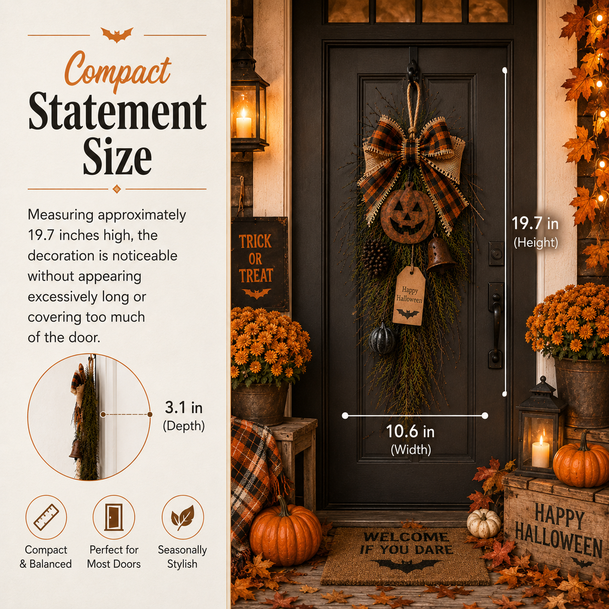 🎃🍂 Rustic Halloween Pumpkin Door Swag – Plaid Bow & Bell Hanging Décor