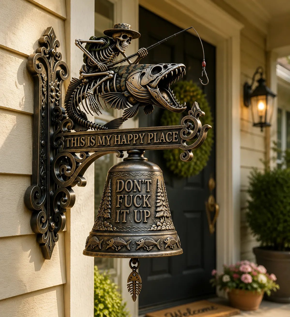 🎣 Metal Skeleton Fisherman Wall Bell – "This Is My Happy Place"Outdoor Décor
