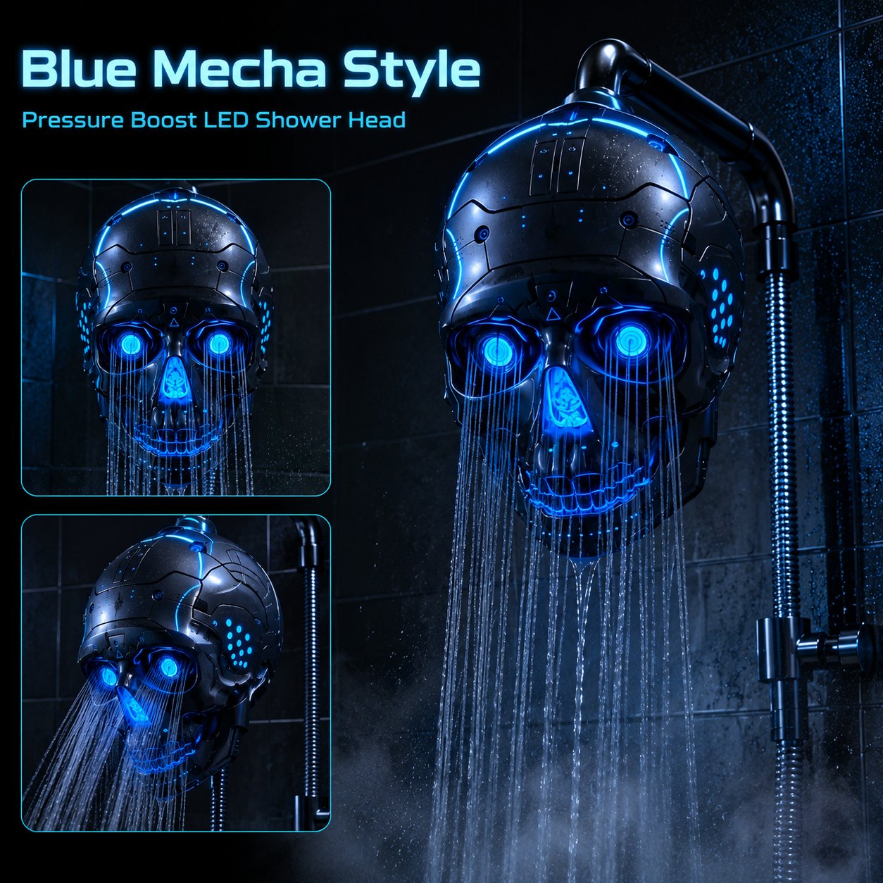 🔥Cyber Mecha Skull Color Changing LED Pressure Boost Shower Head