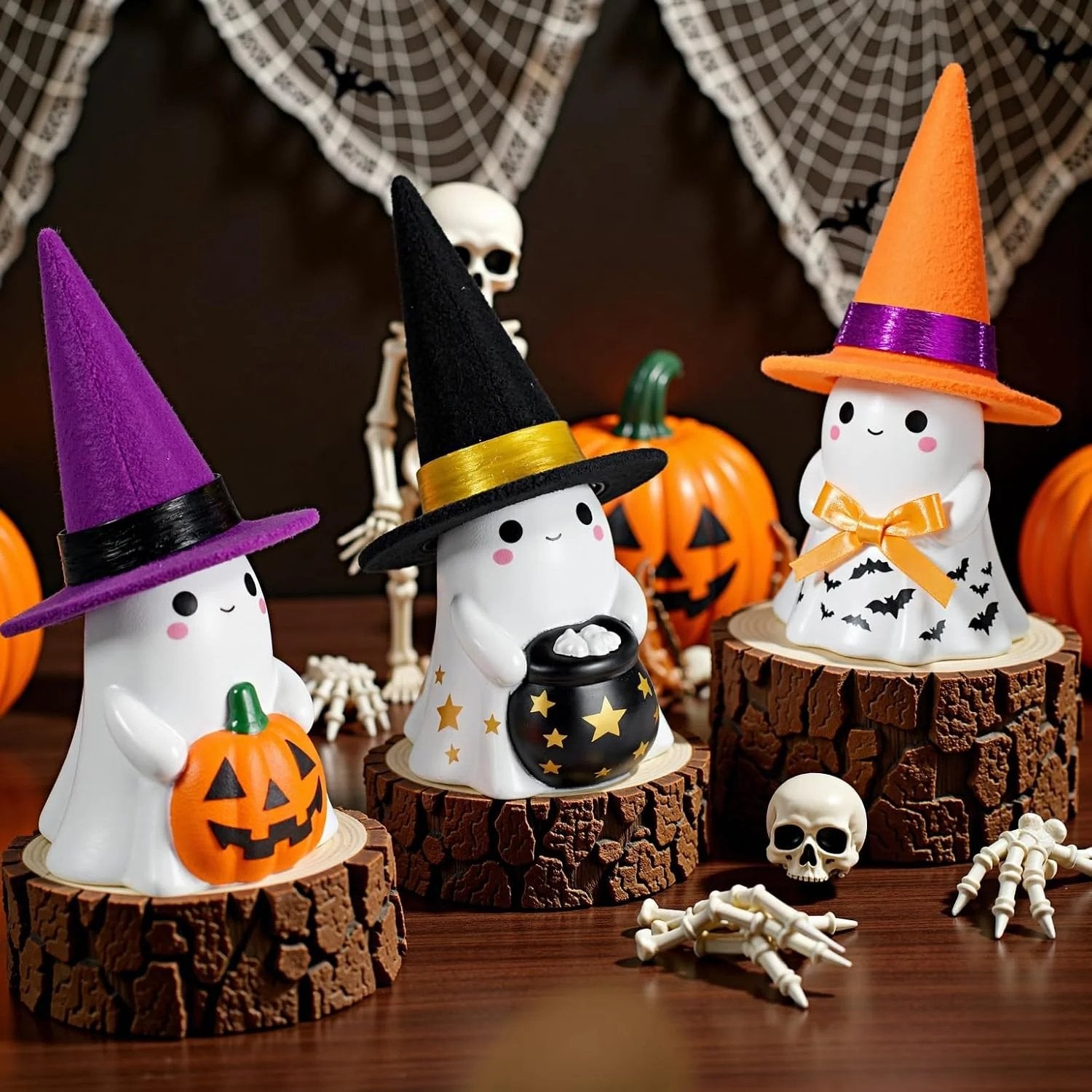 👻3Pcs Light-up Ceramic Ghost Halloween Decor🌟 Cute Ghost Figurines with Colorful Witch Hats