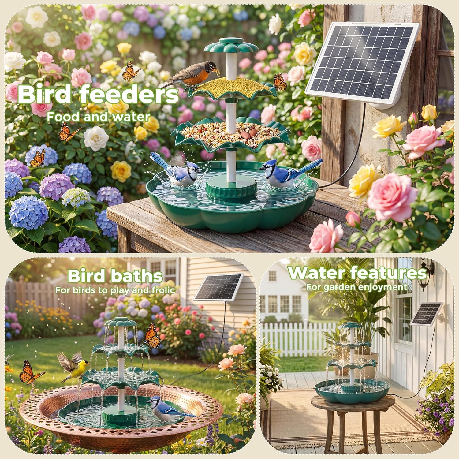 🌿 3-Tier Solar Lotus Bird Bath Fountain DIY Garden Water Feature For Wild Bird Bath & Feeder
