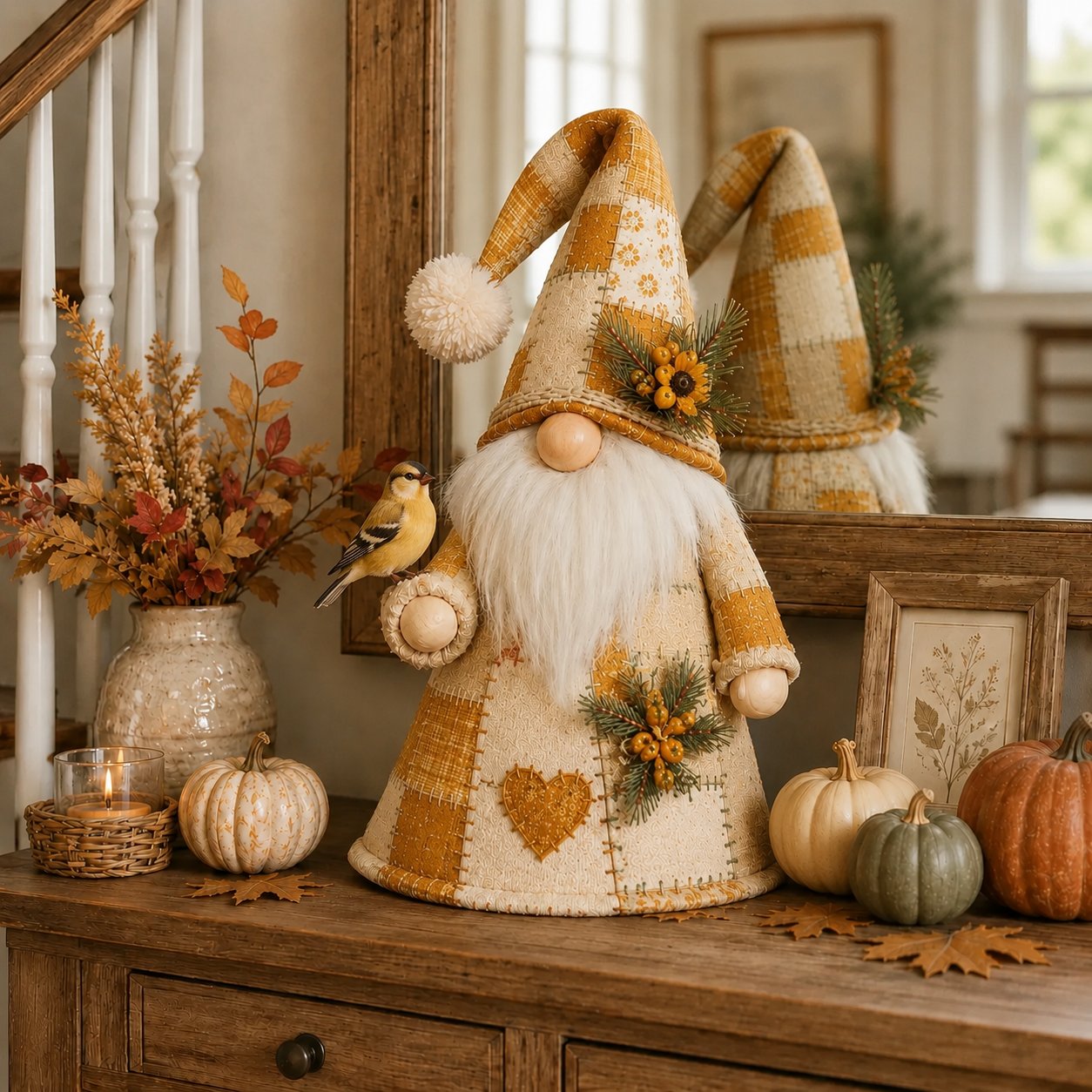🔥 LAST DAY 49% OFF – 🐦 Patchwork Bird Gnome 💛 Lighted Farmhouse Tabletop Decor