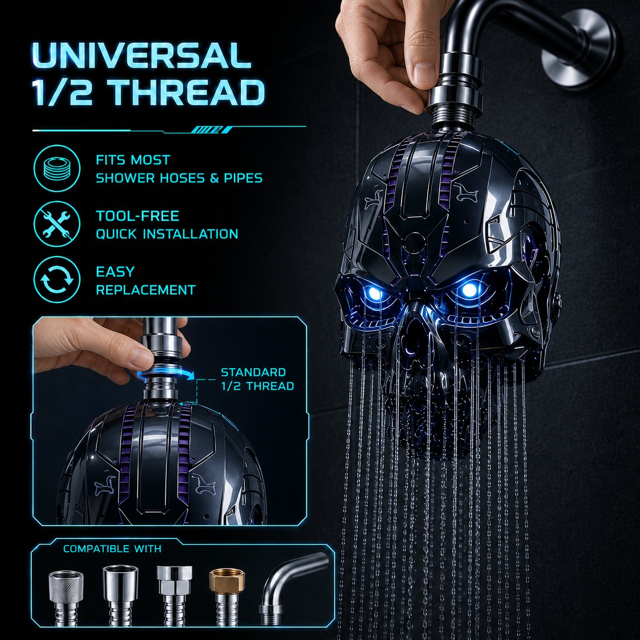 🔥Cyber Mecha Skull Color Changing LED Pressure Boost Shower Head