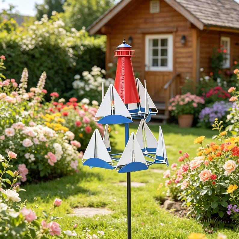 🌊Spinning Sailboat Lighthouse Metal Wind Spinner | Bring Ocean Breeze To Your Garden Yard⛵