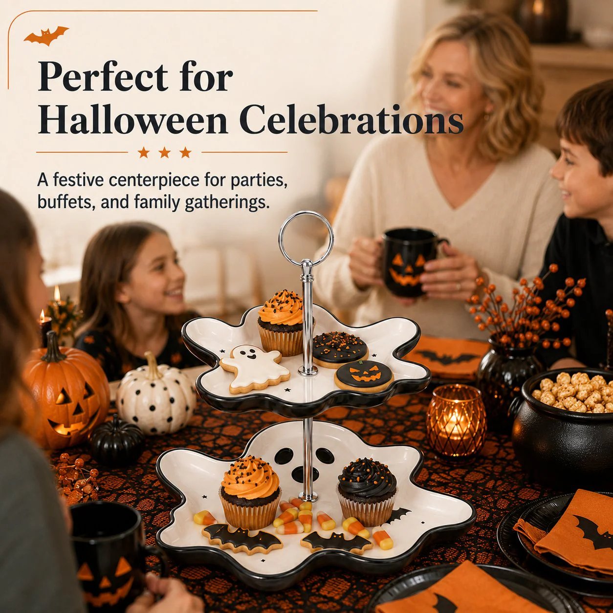 👻 Two-Tier Friendly Ghost Halloween Serving Stand Spooky Candy Cupcake Dessert Tray Table Centerpiece
