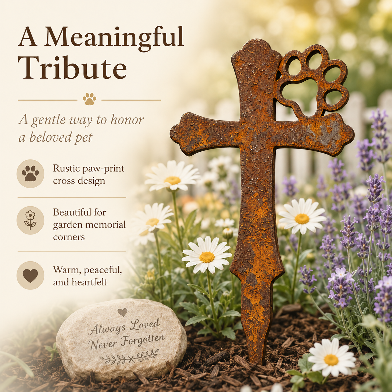🐾Rustic Metal Pet Memorial Garden Stake with Paw Print Cross