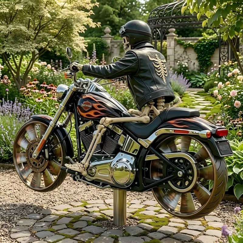 🏍️💀 Skull Rider Motorcycle Garden Wind Spinner Outdoor Metal Decor