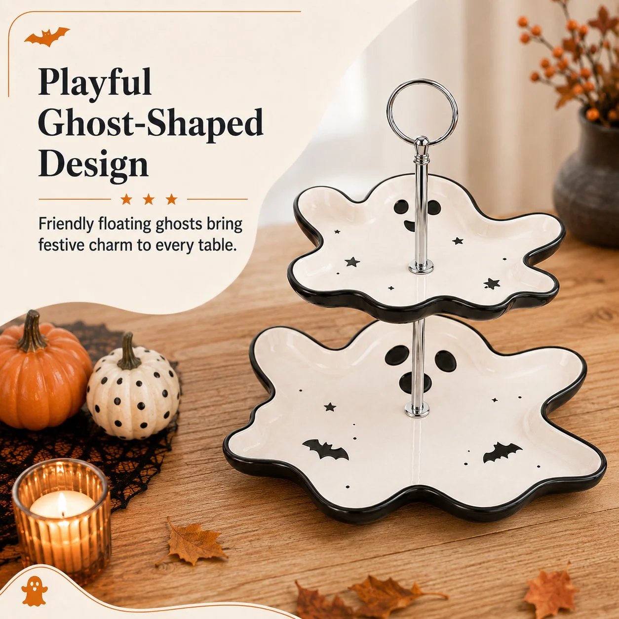 👻 Two-Tier Friendly Ghost Halloween Serving Stand Spooky Candy Cupcake Dessert Tray Table Centerpiece