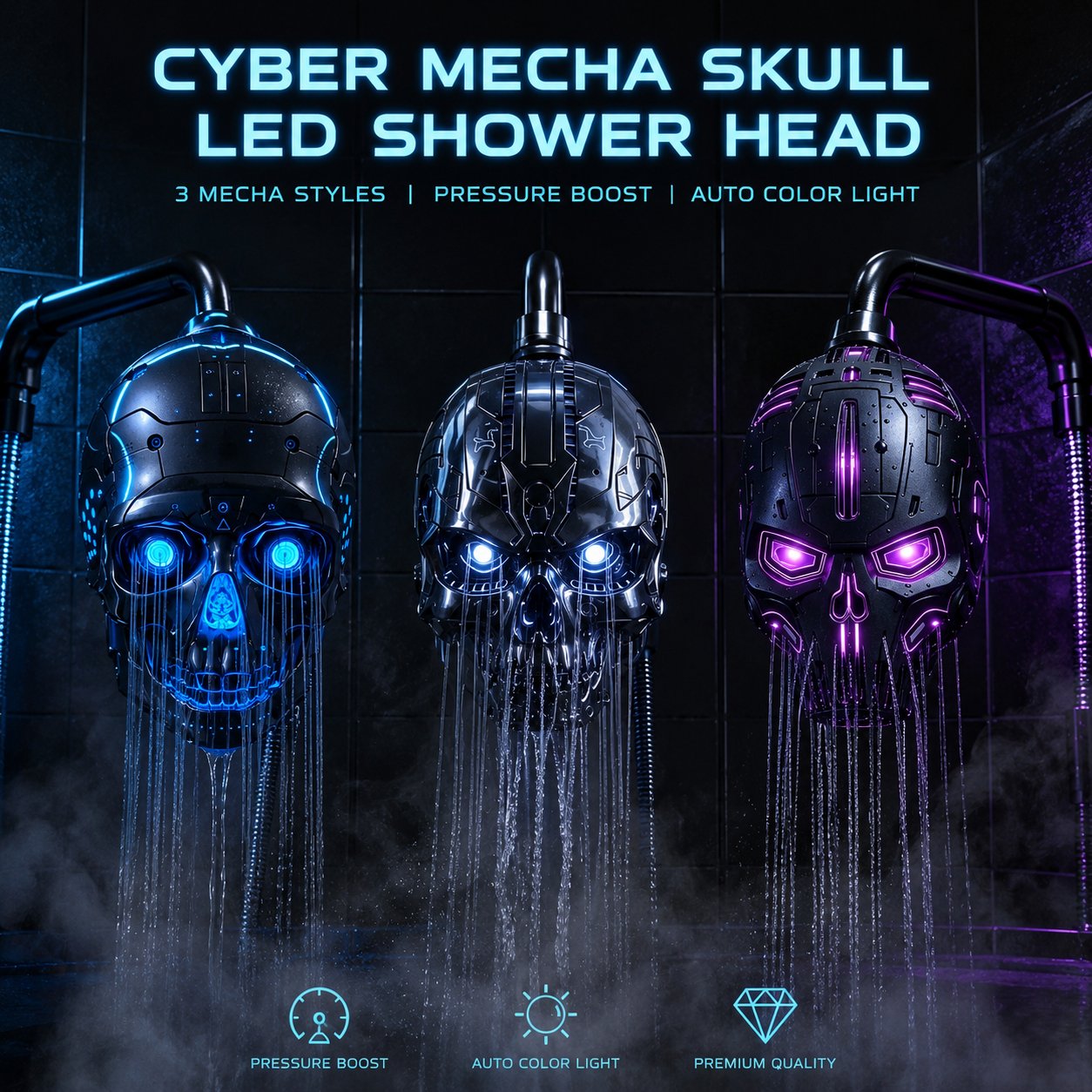 🔥Cyber Mecha Skull Color Changing LED Pressure Boost Shower Head