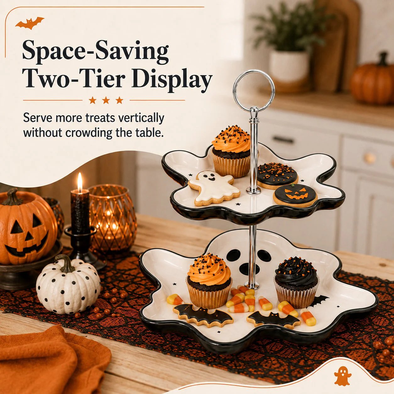 👻 Two-Tier Friendly Ghost Halloween Serving Stand Spooky Candy Cupcake Dessert Tray Table Centerpiece