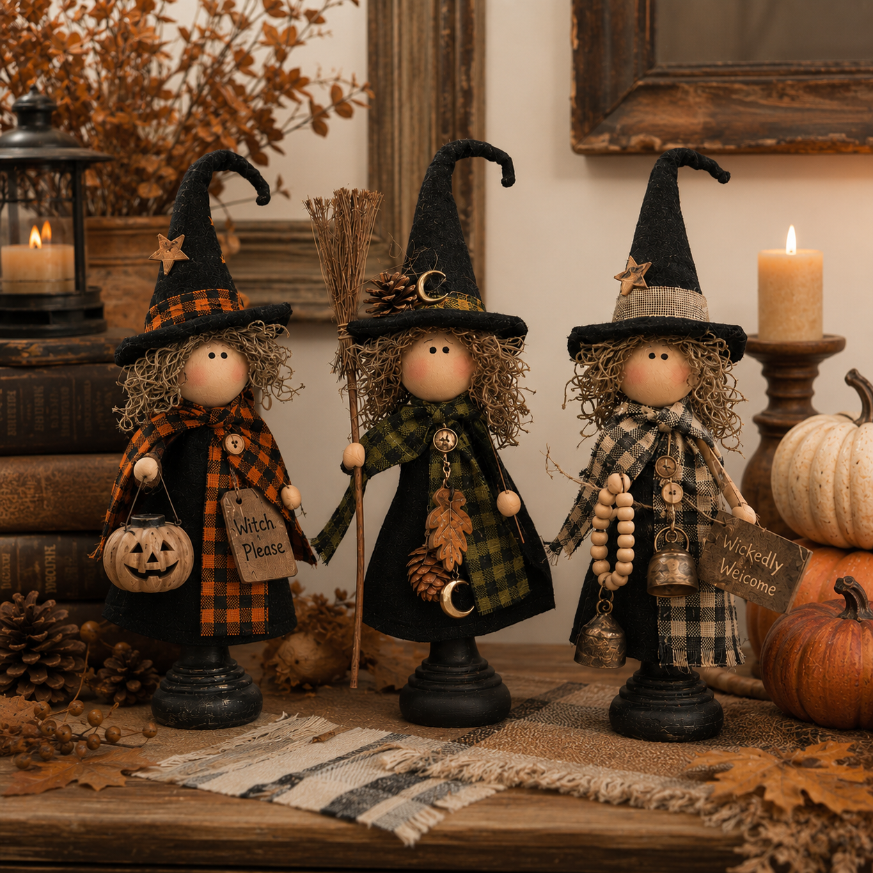 💥Vintage Primitive Witch Trio – Rustic Halloween Tabletop Decor🌪️