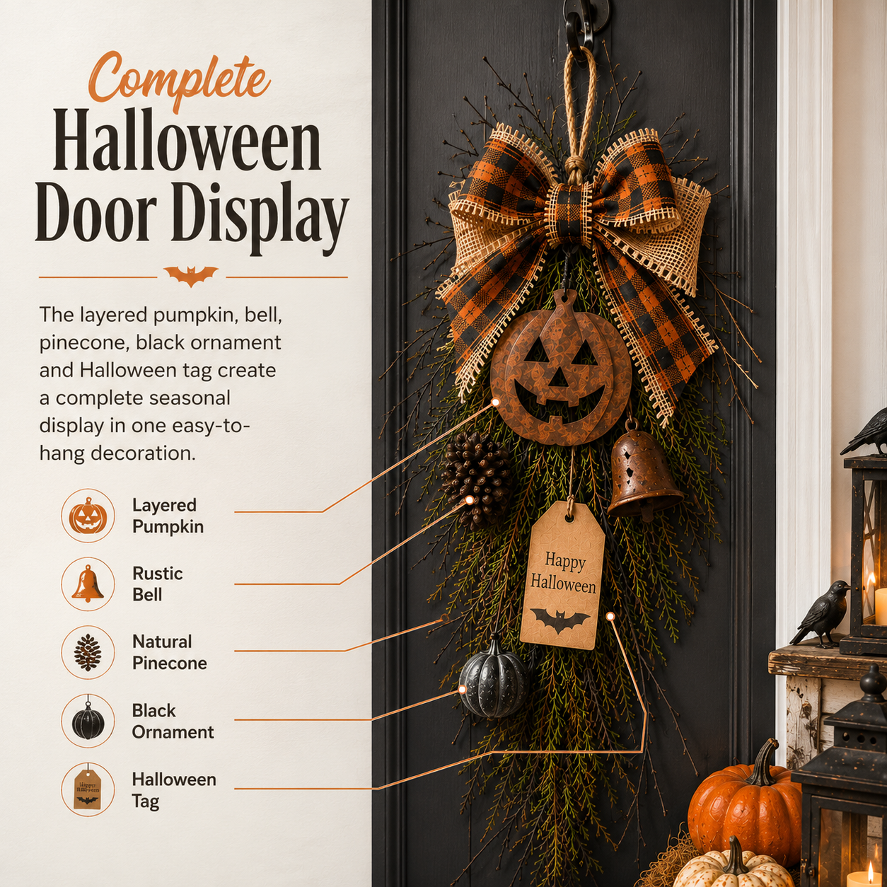 🎃🍂 Rustic Halloween Pumpkin Door Swag – Plaid Bow & Bell Hanging Décor