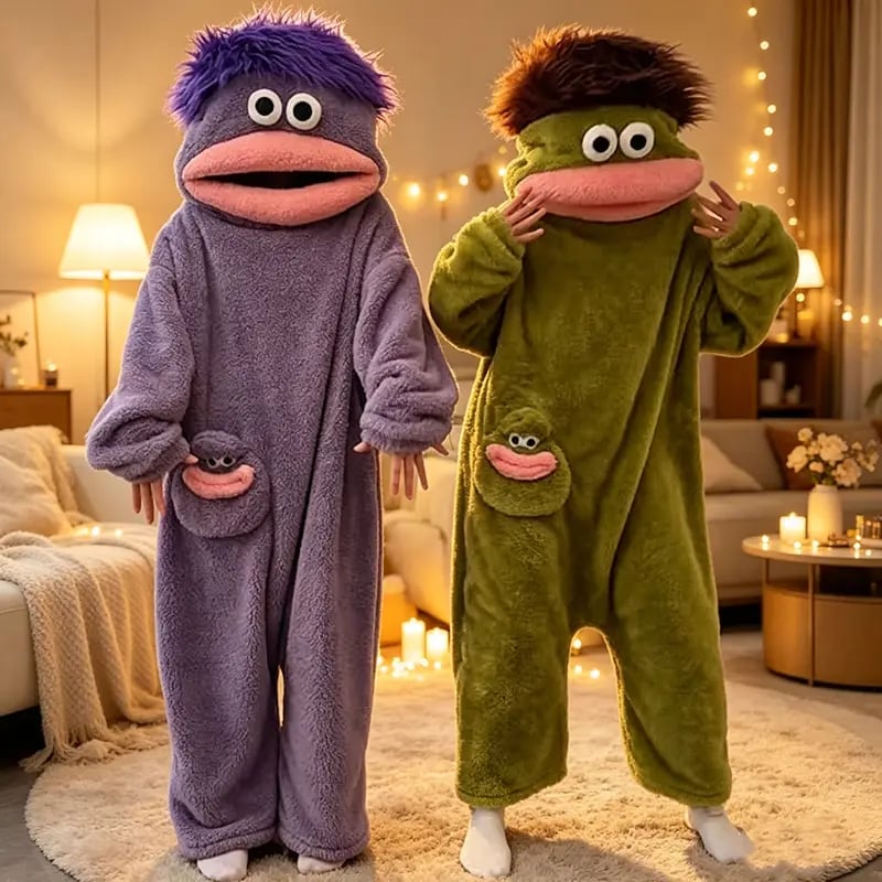 🔥Big Mouth Monster Oversized Plush Fleece Onesie 💤 Large Comb Hooded One‑Piece for Sleep & Party